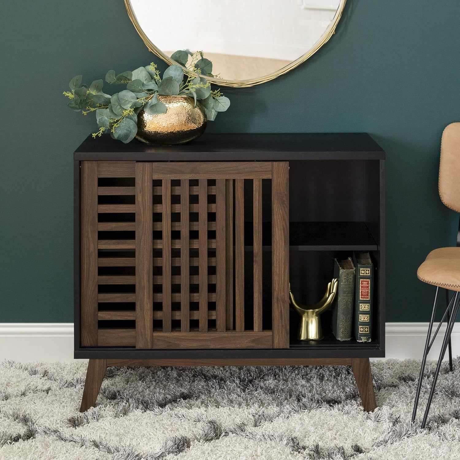 Walker Edison Mid Century Modern Buffet Entryway Cabinet Doors Kitchen Dining Room Storage Living Room, 36 Inch, Black and Dark Walnut