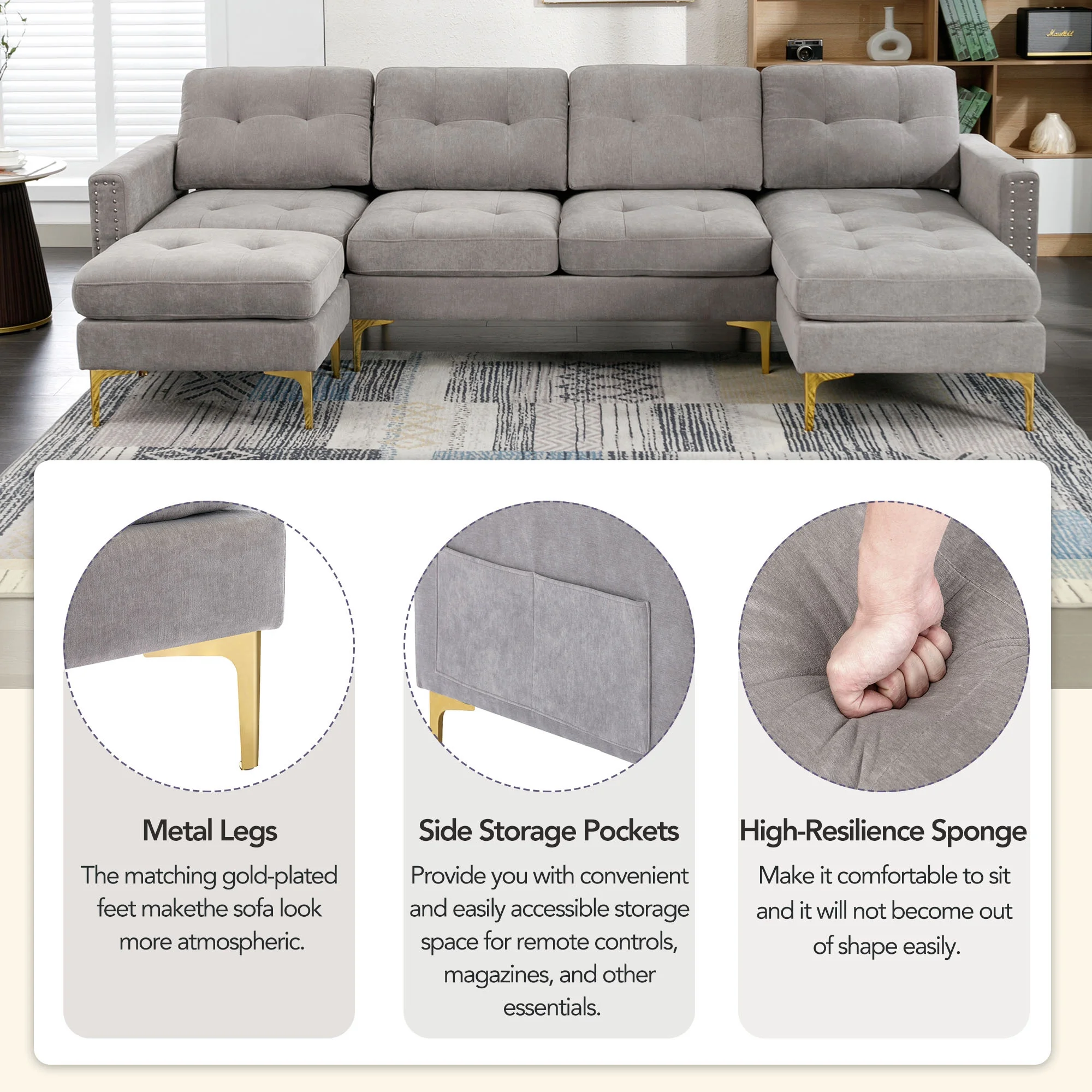 Soges U-Shaped Sectional Sofa with Ottoman, Convertible Couch for Living Room, 5 Seater Sofa, Gray, 110"x54"