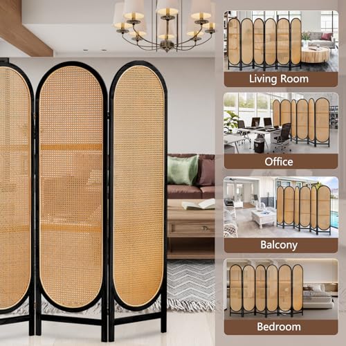 3 Panel Room Dividers and Folding Privacy Screens, Hand-Made Rattan Room Divider with Bi-Directional Hinge