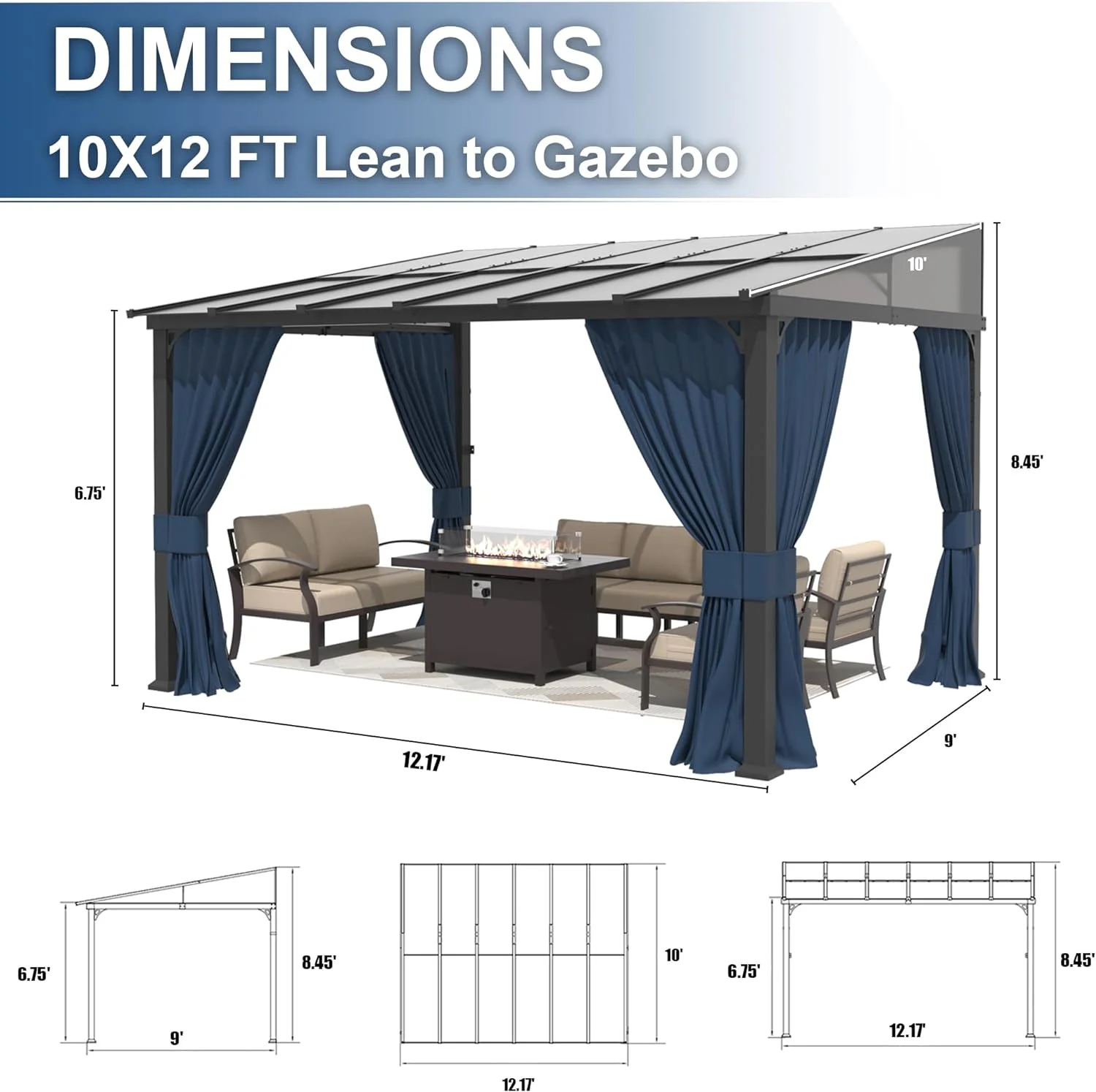 Outdoor Lean to Gazebo 10x12FT, Hardtop Wall Mounted Gazebo with Sloping Sun Panel Roof, Awnings for Patio with Metal Frame