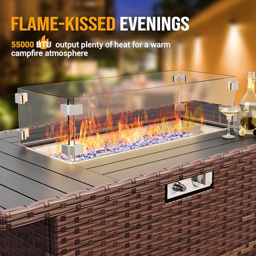 Outdoor Patio Furniture Set with 44" Fire Pit Table 8 Pieces Rattan Patio Sectional Sofa Conversation Set w/55000 BTU Propane Gas Fire Pit