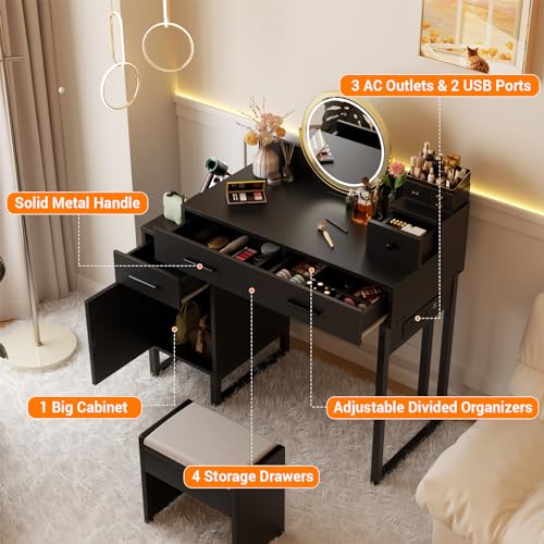 Vanity Desk with 4 Storage Drawers - Modern Makeup Vanity Table with Charging Station