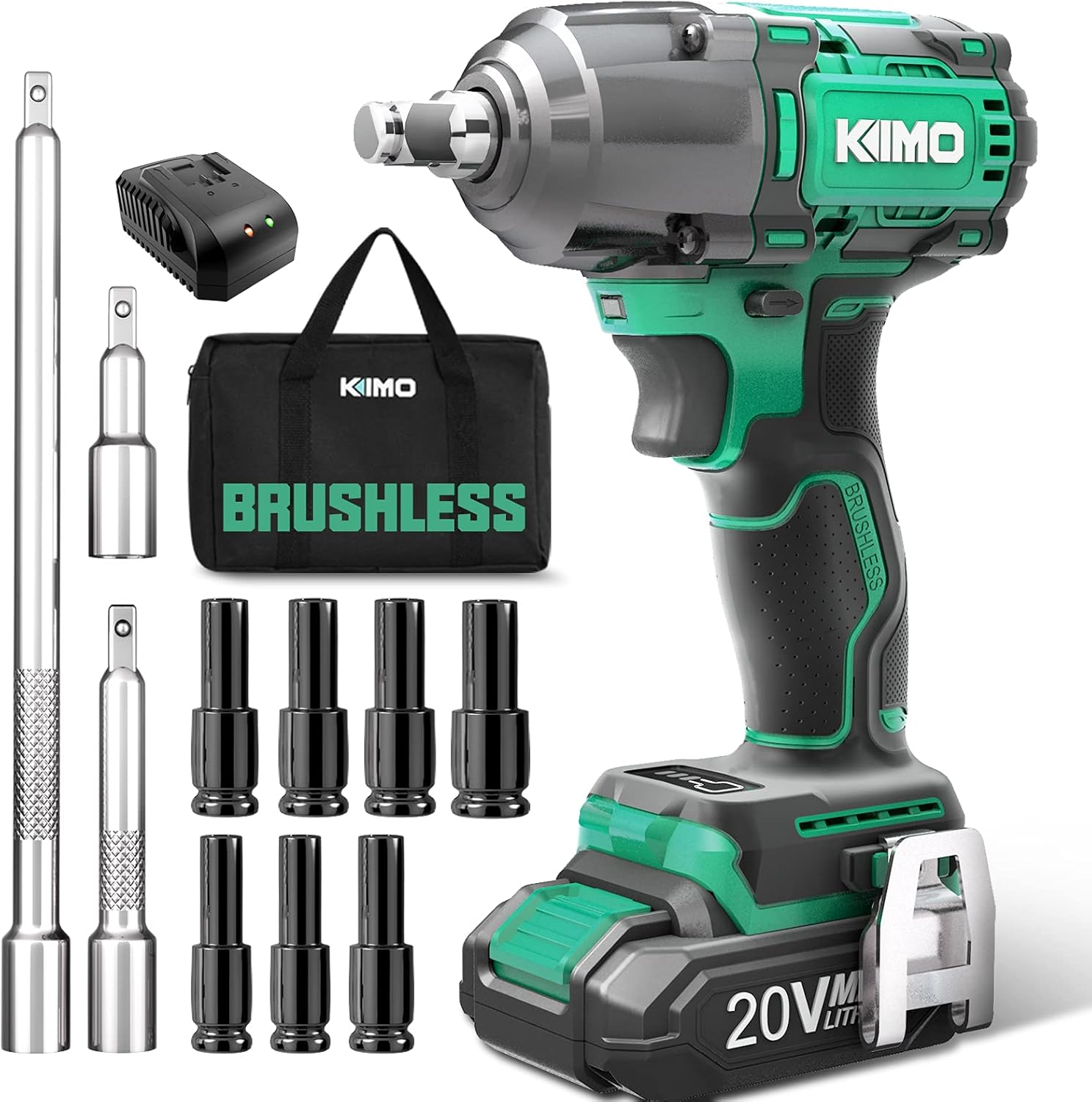 KIMO Electric Impact Wrench 1/2" , 20V Brushless Cordless Impact Wrench Set 300 Ft-lb High Torque 3000 RPM