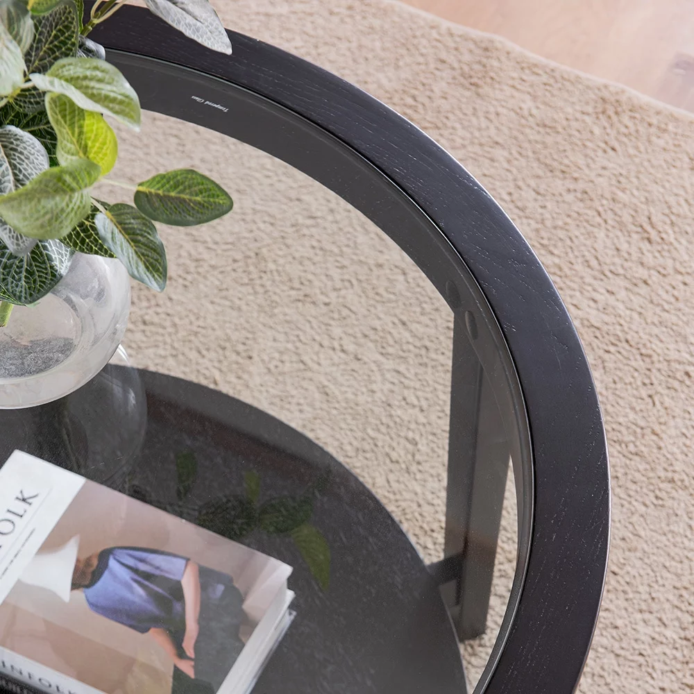 Round Tempered Glass Coffee Table,Living Room Solid Wood Coffee Table