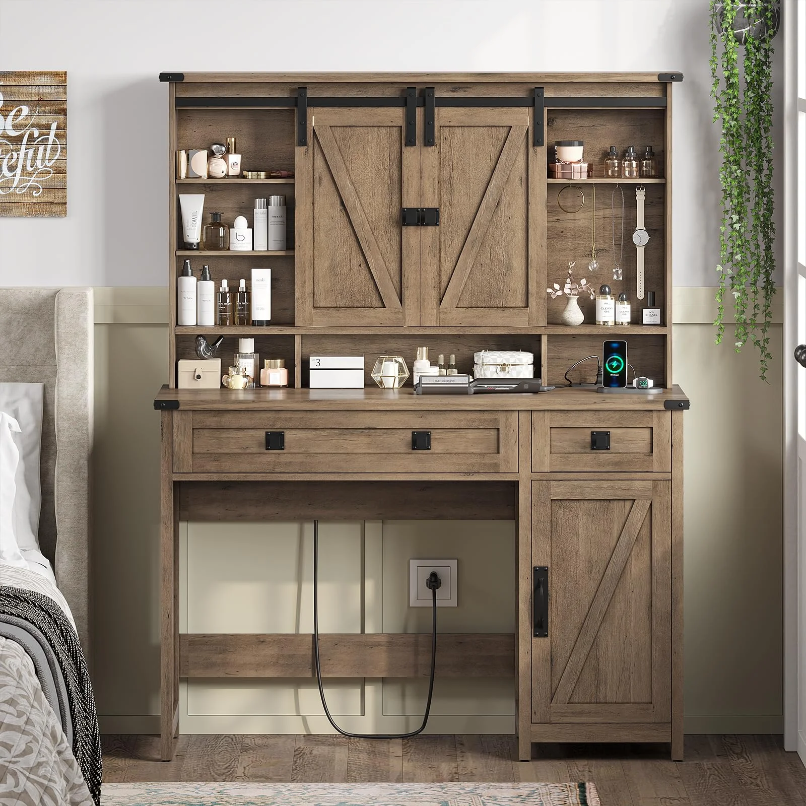 Vanity Table with Charging Station and Lights Mirror, Farmhouse Makeup Desk with Barn Doors, Brown