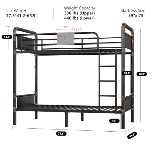 2 IN 1 Metal Bunk Bed Twin Over Twin, Convertible Twin Bunk Beds into 2 Individual Twin Size Bed for Kids Adults, 14.8" High Guard Rail