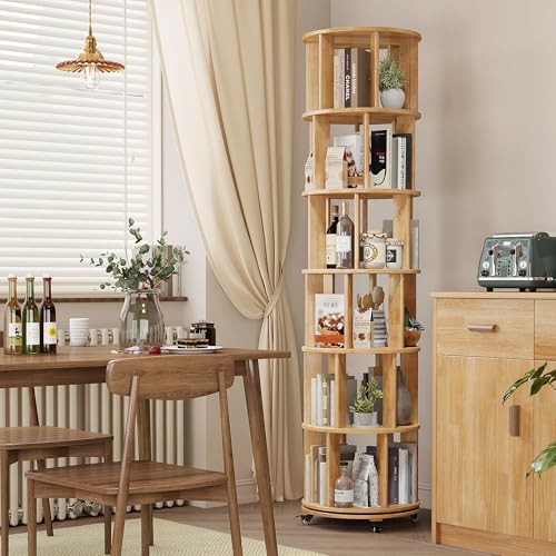 6 Tier Rotating Bookshelf Tower Spinning Bookshelf with Swivel Wheels Book Shelf Rotating Storage Tower for Kids Adult Narrow Walnut Solid Wood