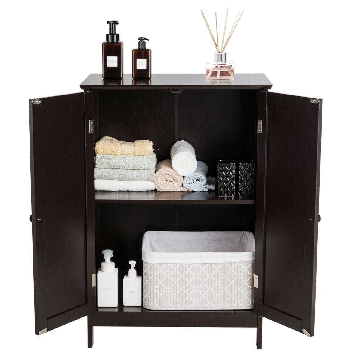 Costway Bathroom Floor Storage Double Door Cupboard Cabinet-Brown