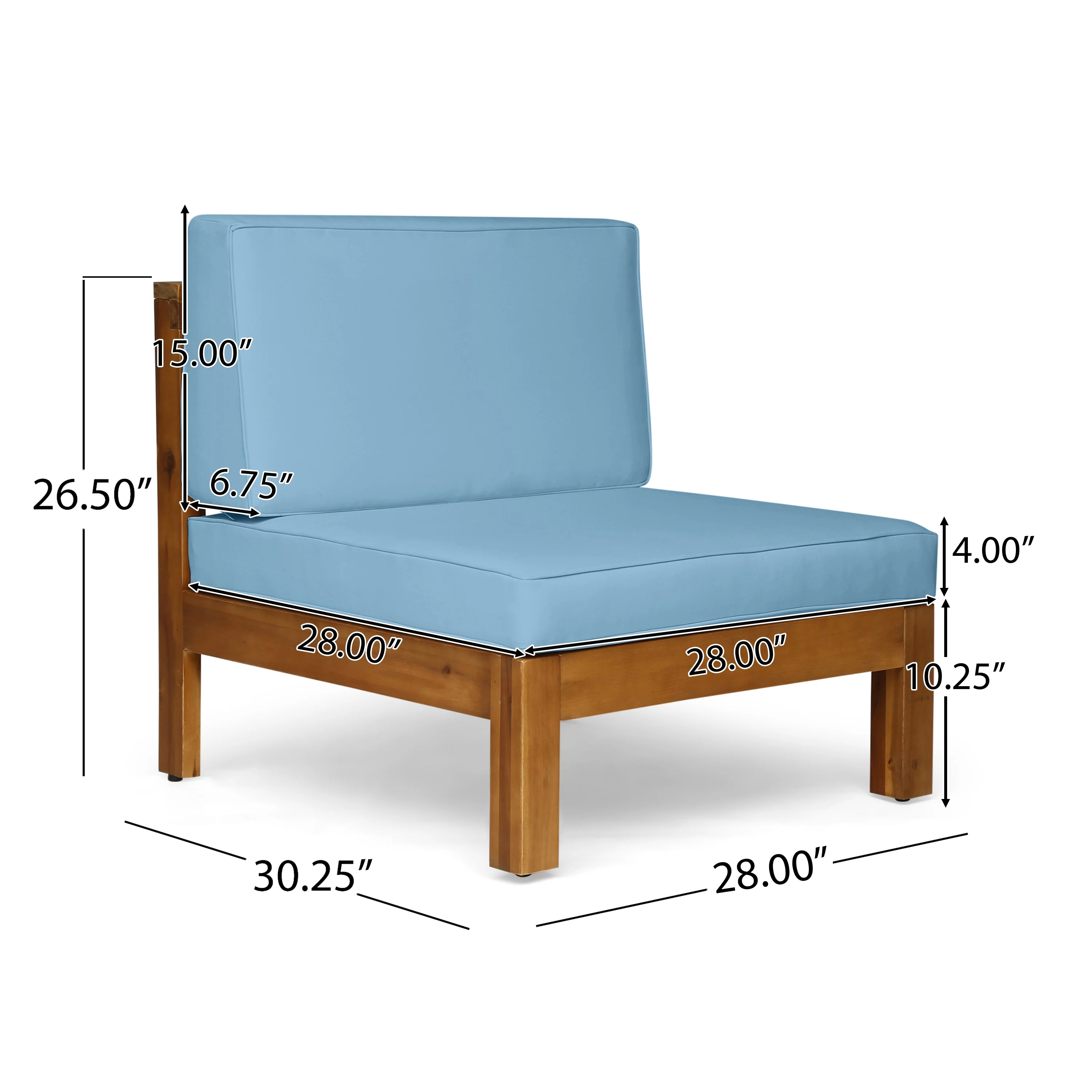 Elisha Outdoor 7 Piece Acacia Wood Sectional Sofa Set with Cushions and Fire Pit, Teak, Blue, Light Gray
