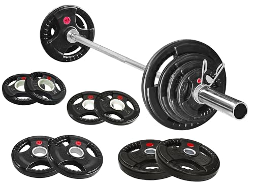 Olympic Cast Iron 2-Inch Weight Plates Including 5FT Olympic Barbell Bar & Safely Locks, 100 Pounds Set (85 lbs Plates + 15 lbs Barbell Bar)