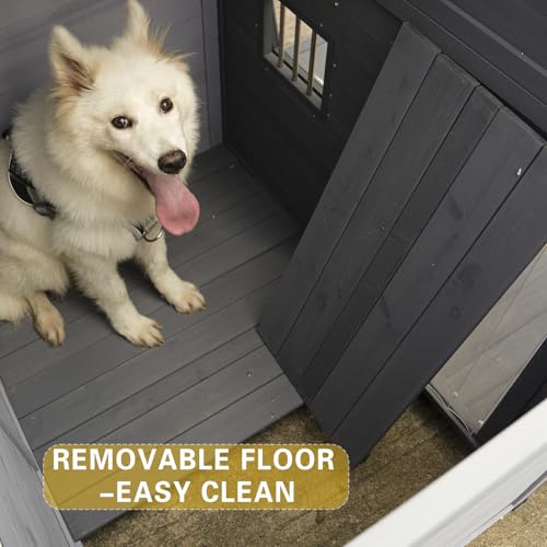 Outdoor Wooden Dog House,Waterproof Kennel with Deck and Sloped Roof,High Stability Pet Dog Cage for Small/Medium Puppy