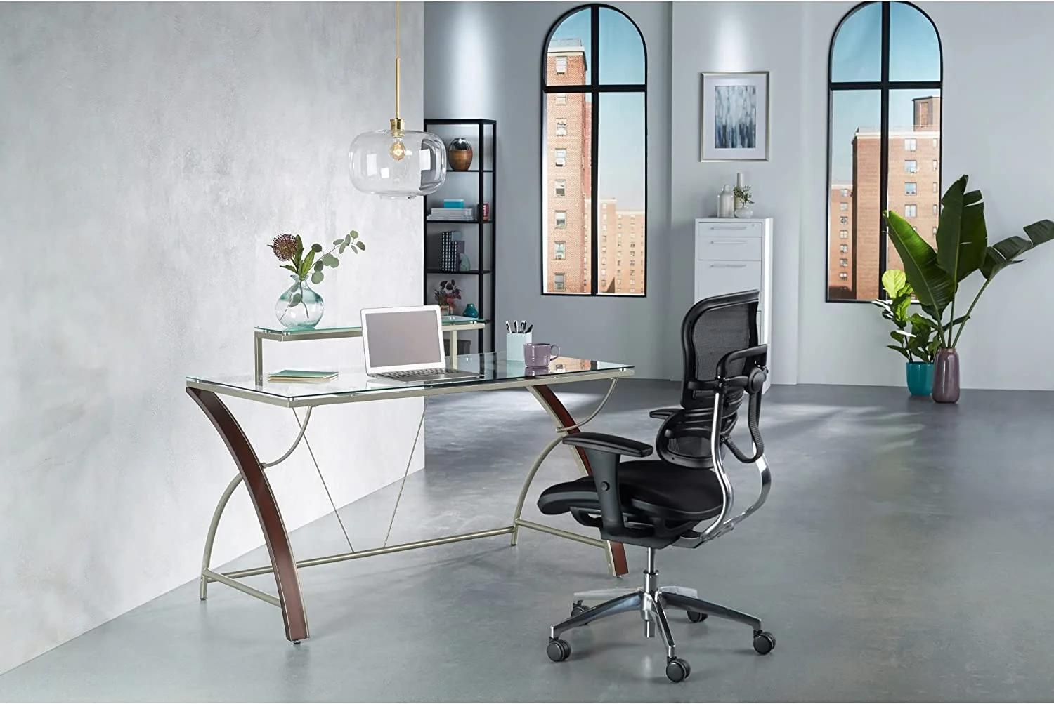 RUNFAYBIU ® Axley 55"W Glass Computer Desk  Cherry/Silver