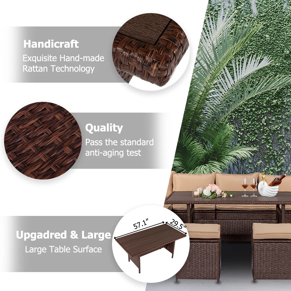Zimtown 8PCS Wicker Rattan Couch Conversation Set Brown, Patio Dining Set, Rattan Furniture, Module Sofa Set for Garden, Yard