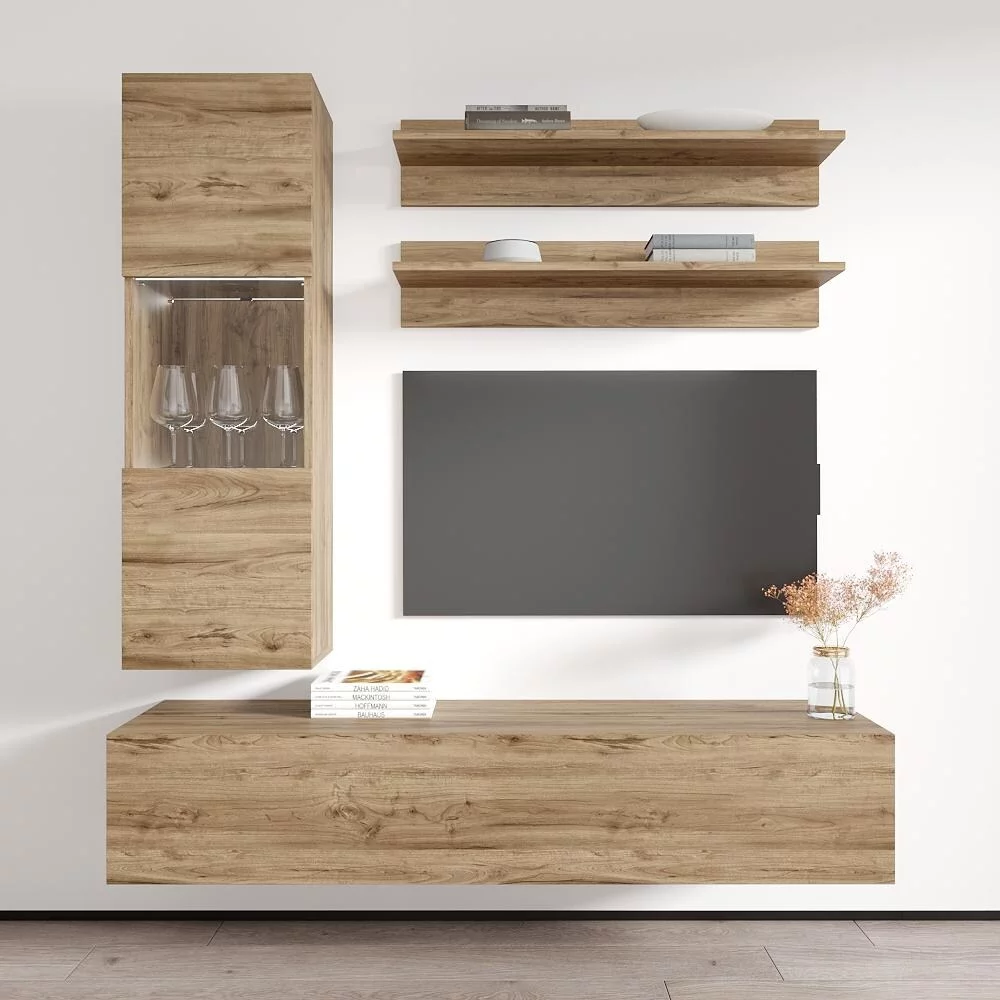 Meble Furniture Fly H3 Wall Mounted Floating Modern Entertainment Center Oak