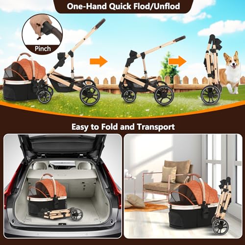 Pet Stroller 3 in 1 Folding Lightweight Dog Stroller with Detachable Carrier & Storage Basket, Premium 4 Wheels Travel for Puppies, Doggies