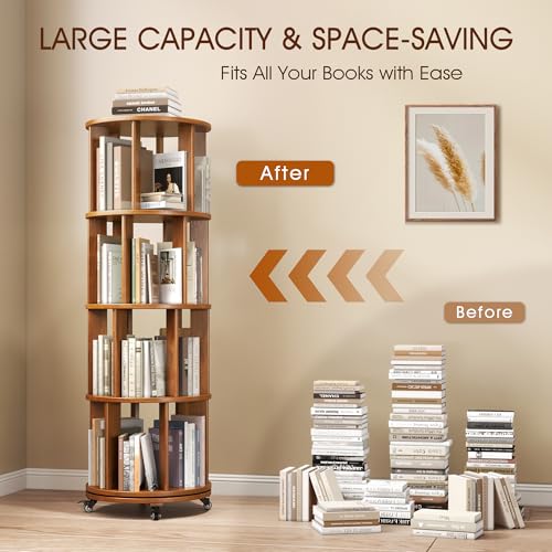 6 Tier Rotating Bookshelf Tower Spinning Bookshelf with Swivel Wheels Book Shelf Rotating Storage Tower for Kids Adult Narrow Walnut Solid Wood