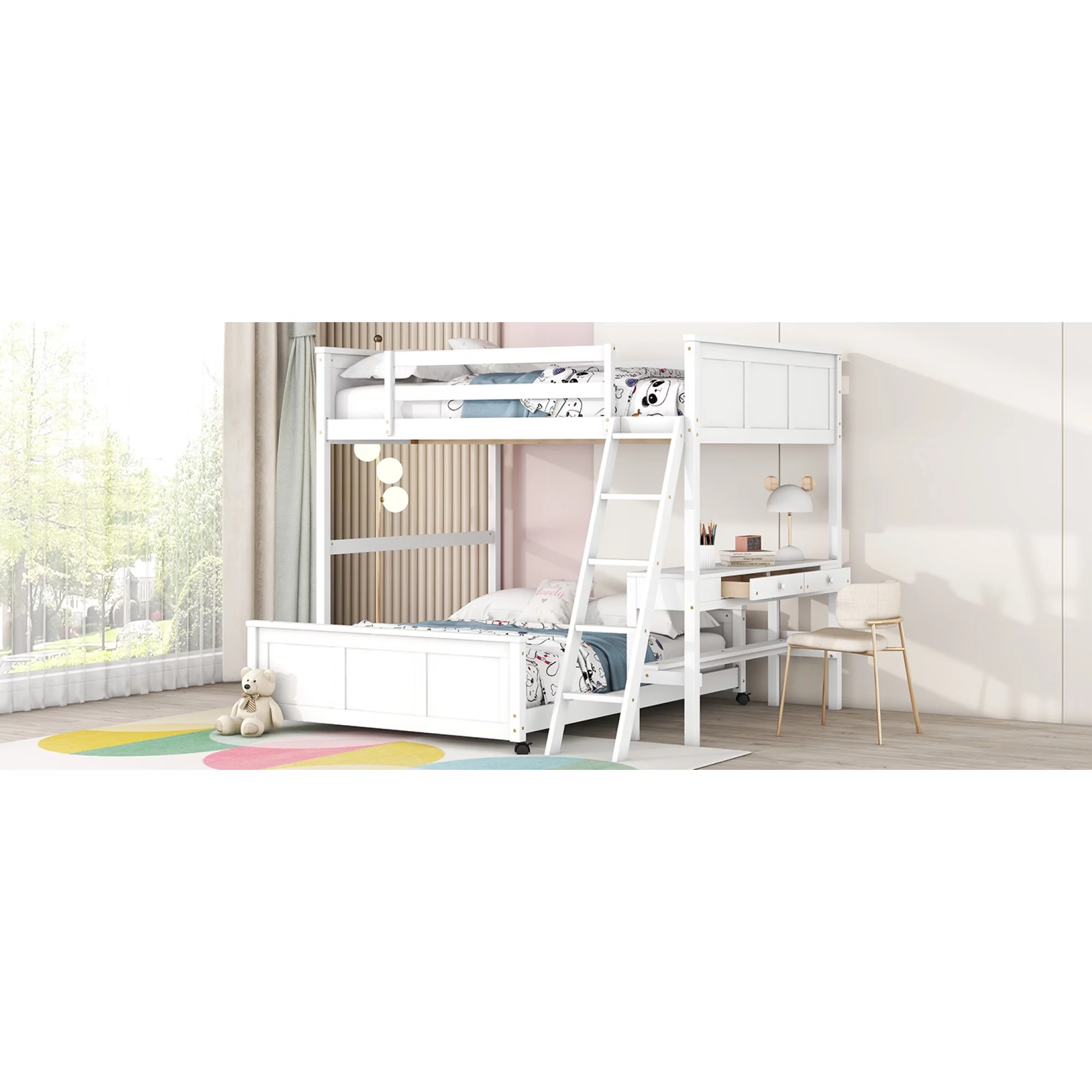 Full Over Full Bunk Bed with Desk, White
