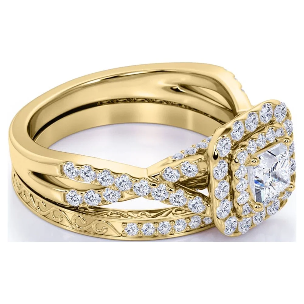 1.25 ct - Square Moissanite - Double Halo - Twisted Band - Vintage Inspired - Pave - Wedding Ring Set in 18K Yellow Gold over Silver