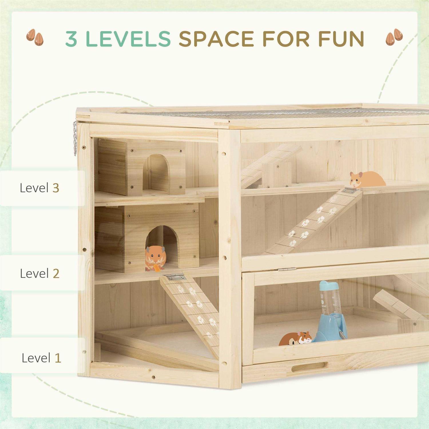 PawHut 3 Tier Wooden Large Hamster Cage Small Animal House with Slide and Activity Center - Pet Supplies online store