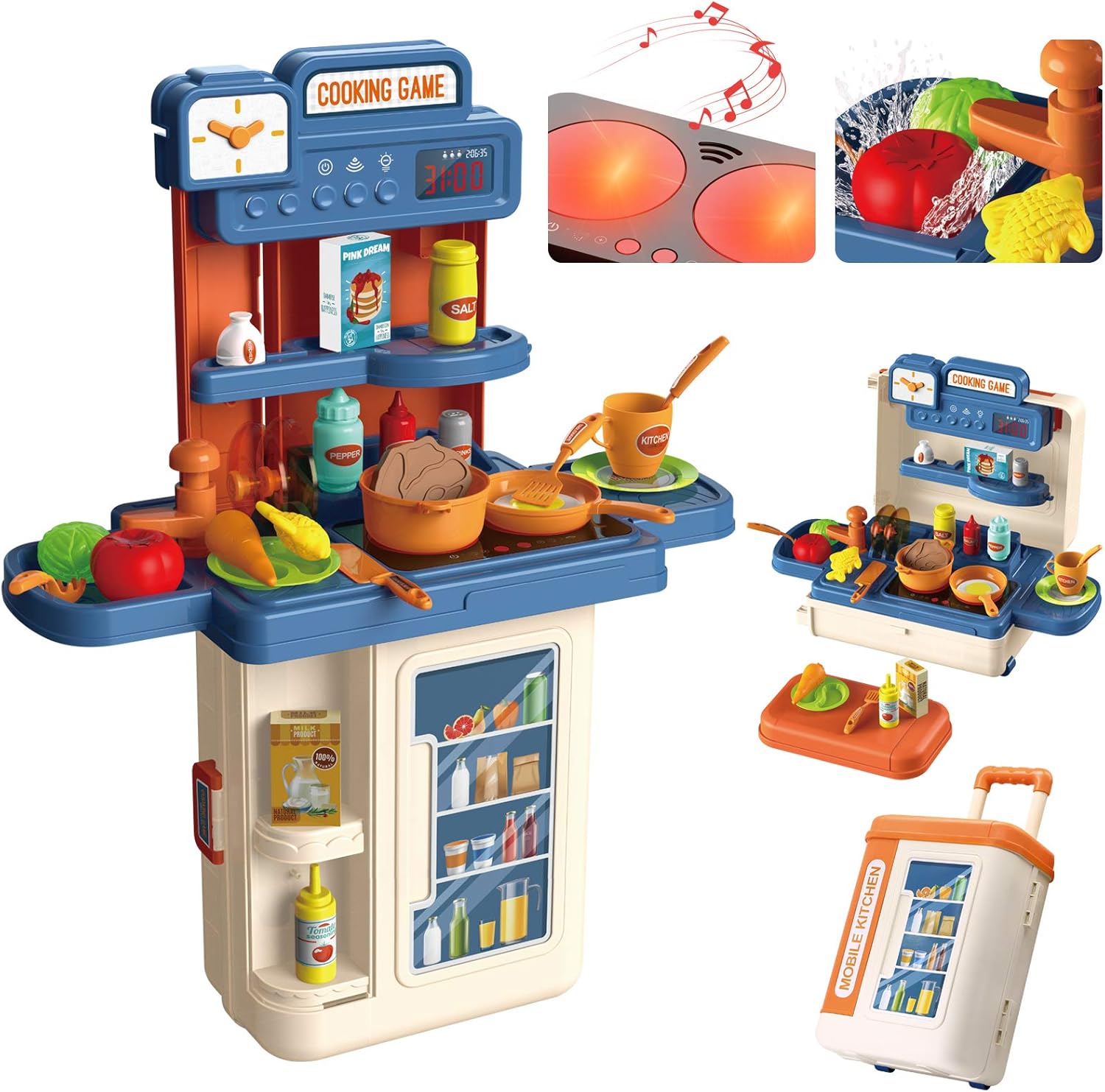 GRESAHOM Kitchen Playset for Kids,4 in 1 Kitchen & Grill Role Pretend Play Toys Travel Suitcase with 41pcs Realistic Cooking Accessories,Lights