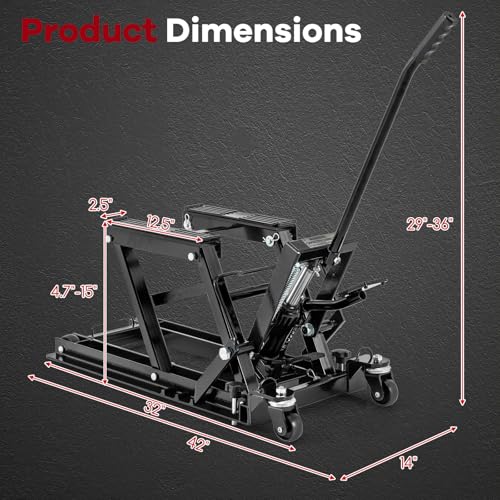 Goplus Motorcycle Lift, 1500 LBS Hydraulic ATV Scissor Jack with Footplates & Long Handle, 2 Ratchet Belts, 4 Wheels, 4.7”-15” Lifting Range