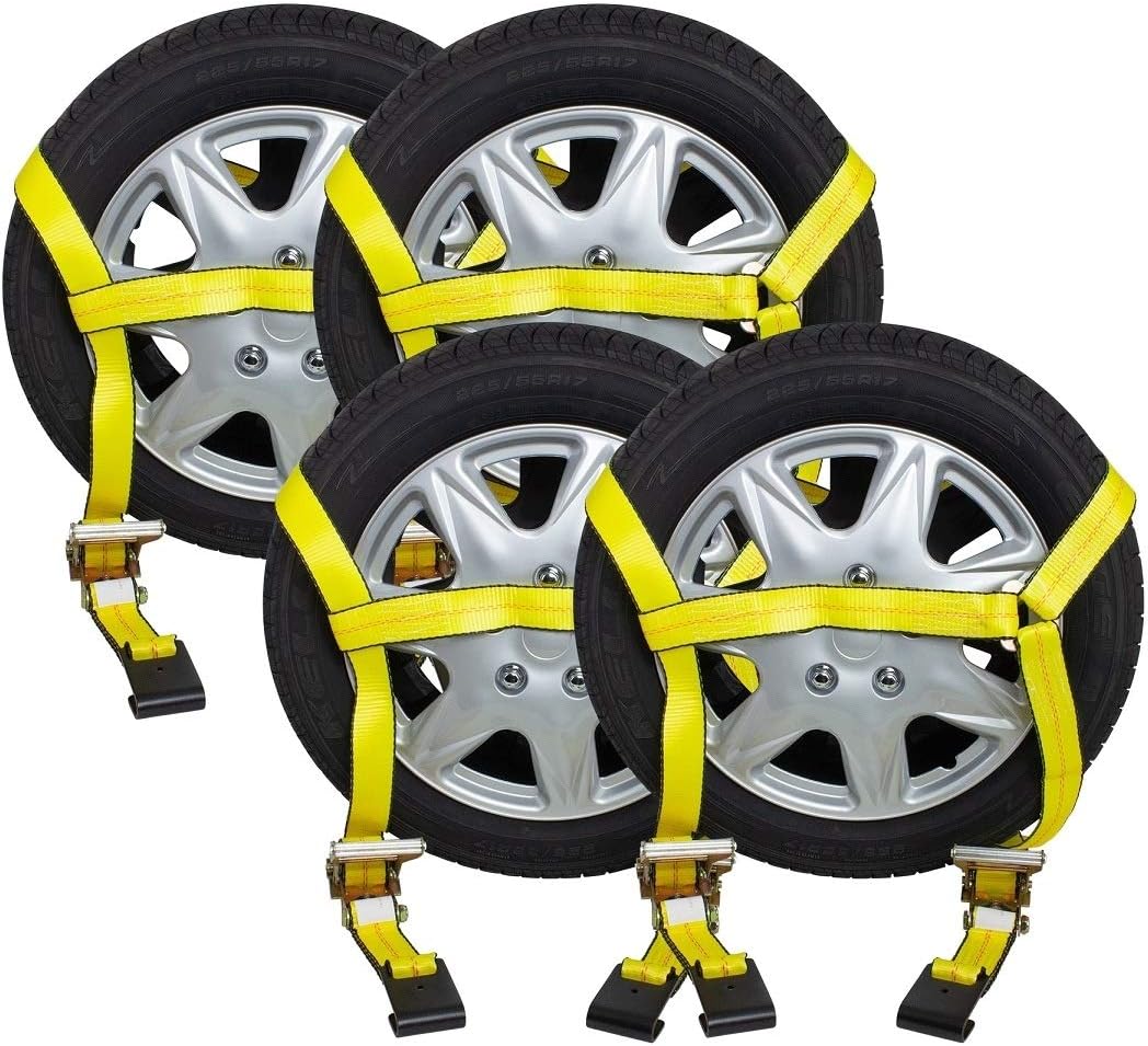 Mytee Products (4 Pack 2 x 14' Car Tie Down Lasso Ratchet Strap with Flat Hook - Tire Straps for Car Trailer - Wheel Straps for Hauling Cars