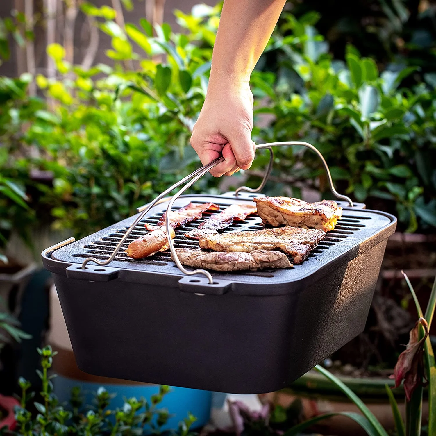 Bruntmor Pre-Seasoned Hibachi-Style Portable Cast Iron Charcoal Rectangle BBQ Grill, 14" x 12" Grilling Surface