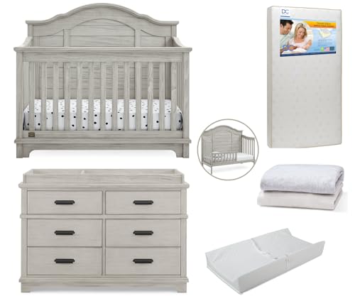 Delta Children Asher Crib 7-Piece Baby Nursery Furniture Set–Includes: Convertible Crib, Dresser, Changing Top, Crib Mattress, Sheets