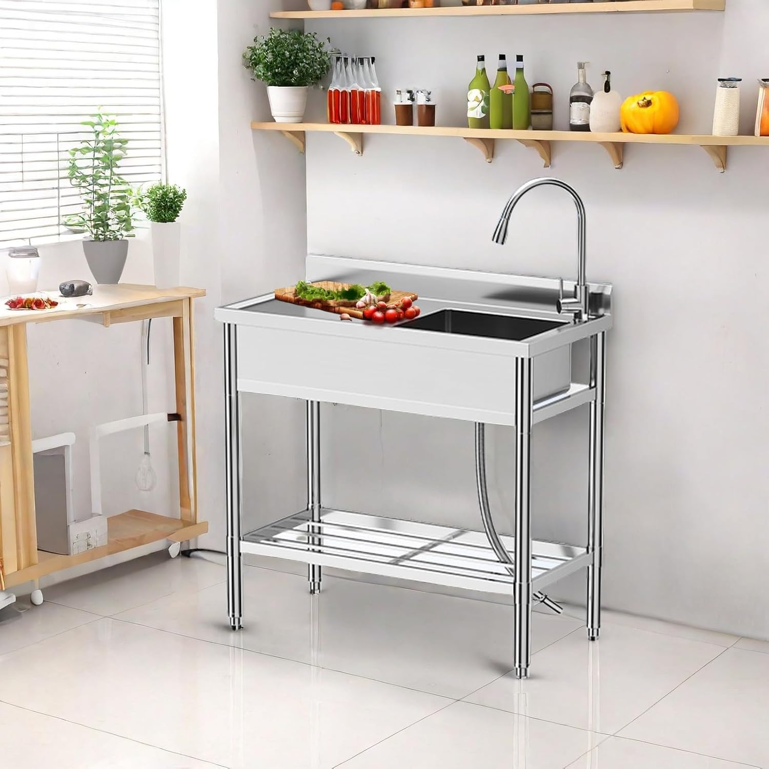GAOMON Stainless Steel Utility Sink, Free Standing Commercial Kitchen Sink Set w/Workbench Storage Shelf & Hot/Cold Faucet