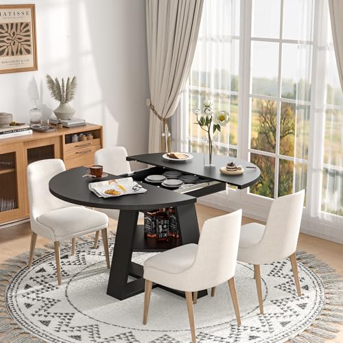 43.3in-59in Extendable Round Dining Table for 4-8,Modern Kitchen Oval Dining Table with Removable Leaves Space Saving
