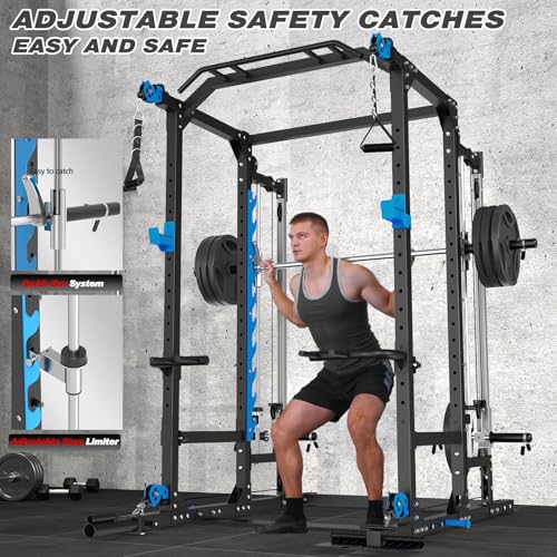 Power Cage with Cable Crossover/Smith Machine System LAT-Pull Down System Power Rack Squat Rack Training Attachments for Home Gym