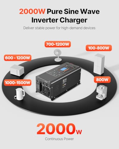 VEVOR Pure Sine Wave Inverter Charger, 2000 Watt, DC 12V to AC 120V, Battery Charger with LCD Display, Remote Control