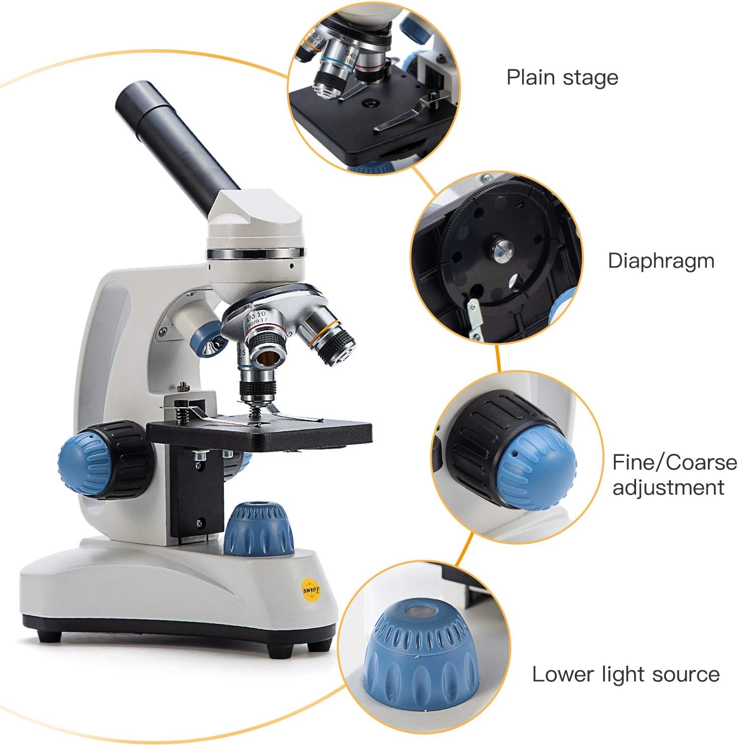 SWIFT Microscope SW150,Compound Student Microscope,40X-1000X,Monocular Head,Coarse & Fine Focusing,Dual Illumination