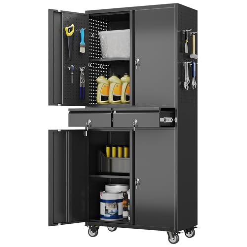 Aobabo 71" H×32" W×16" D Metal Storage Cabinet with Wheels, Garage Steel Storage Cabinet with 5 Adjustable Shelves and 4 Hooks for Home Office