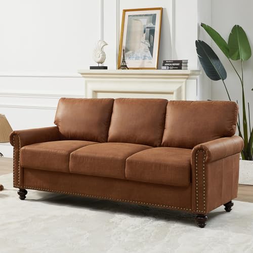 80” Sofa Couch with Storage, Mid Century Modern Rolled Arm Couches for Living Room Furniture Sofas, Nailhead Trim, Easy Assembly, Coffee