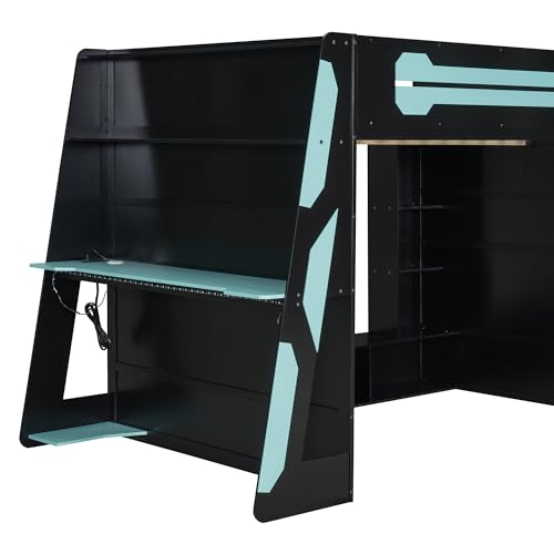 Modern Full Size Gaming Loft Bed with Built-in Desk and Storage Wardrobe, Wood Loft Bed Frame with Light Strip and 2 Drawers