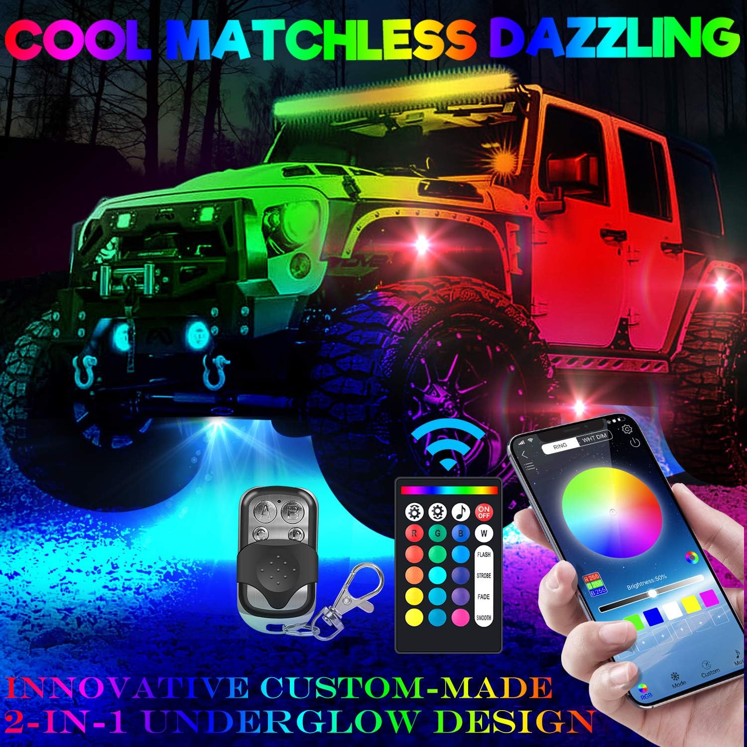 SUZCO 6-Pack Trucks LED RGB Neon Underglow Pod Rock Lights Kit