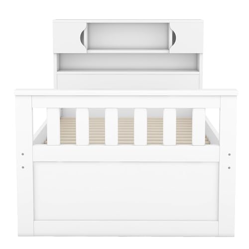 Harper & Bright Designs Twin Size Captain Platform Bed with Bookcase Headboard, Wood Twin Bed Frame with Storage Drawers and Shelves
