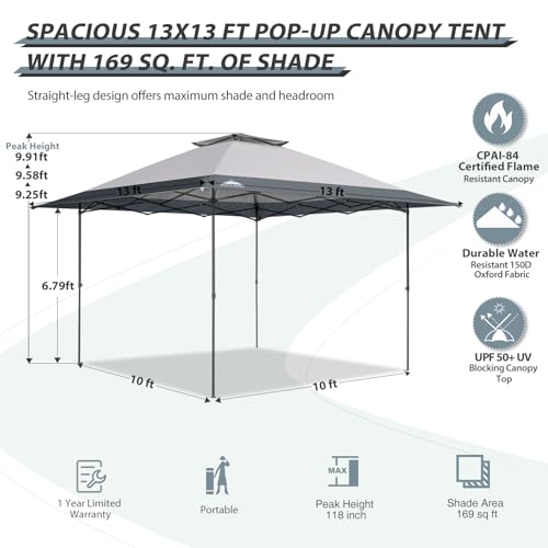 EAGLE PEAK 13x13 Straight Leg Pop Up Canopy Tent Instant Outdoor Canopy Easy Single Person Set up Folding Shelter w/Auto Extending Eaves 169 Square