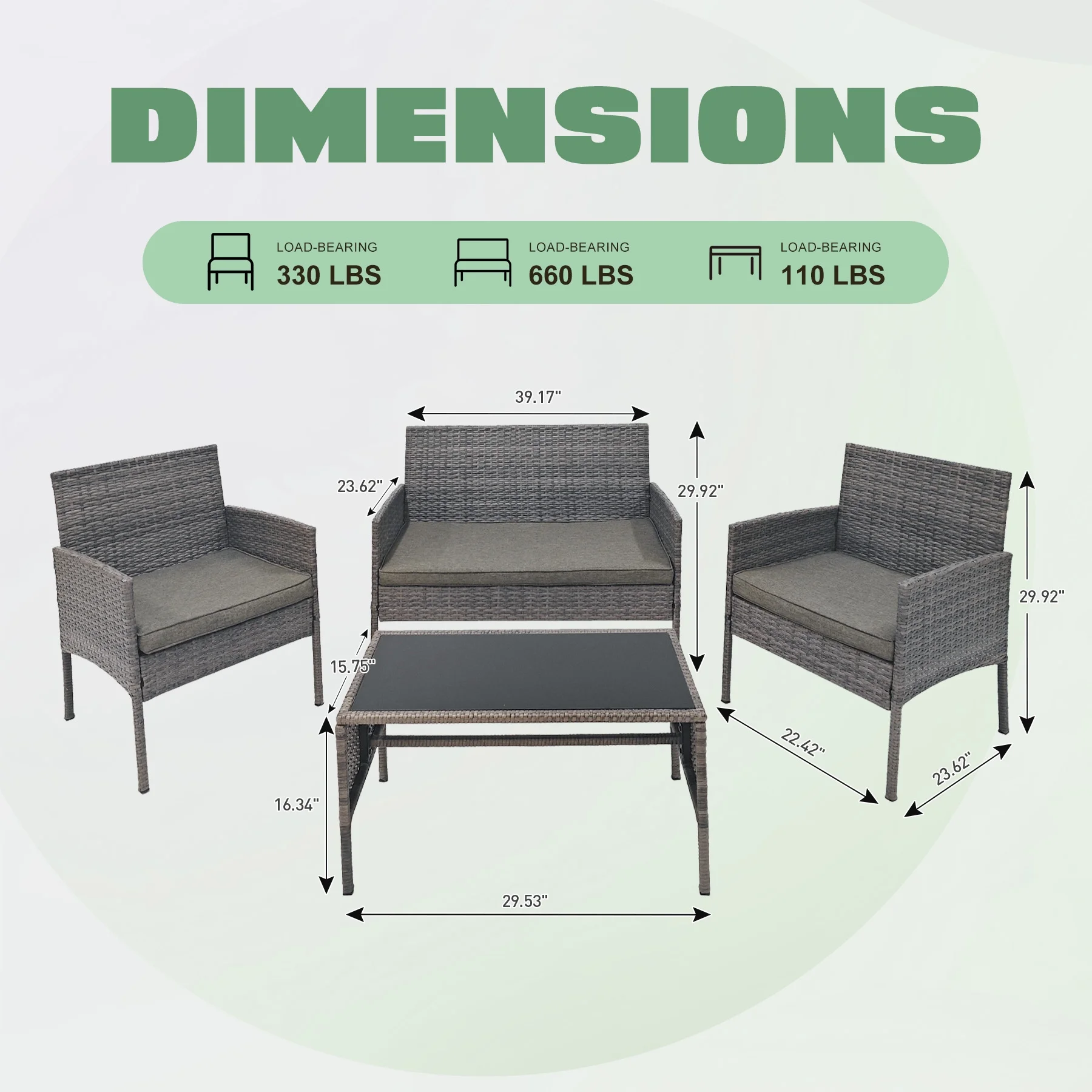 Tappio 4 Piece Patio Conversation Wicker Furniture Set, Outdoor Patio Sectional Furniture Set w/Glass-Top Coffee Table & Gray Cushions