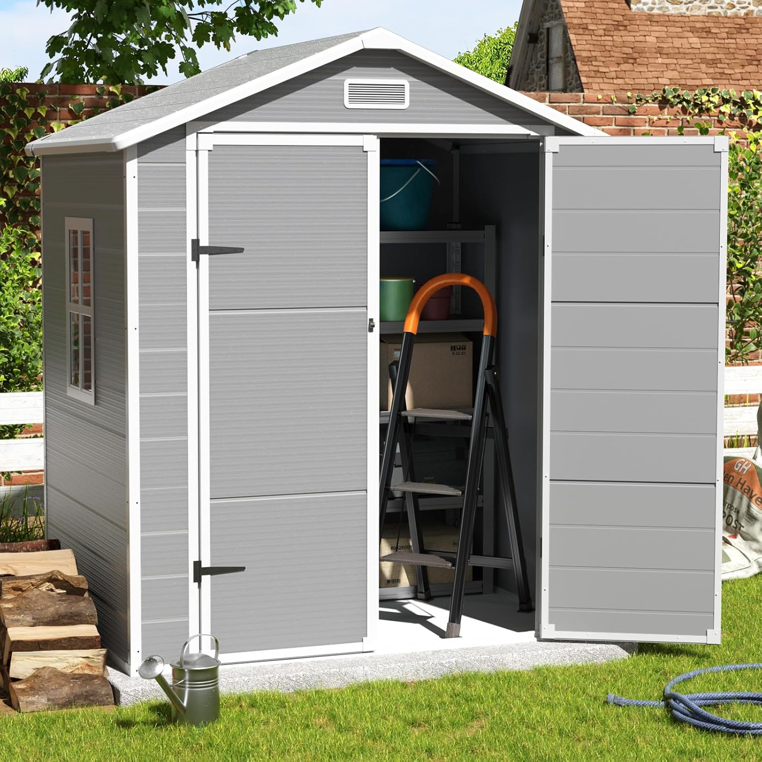 Outdoor Storage Shed, 6x4.5 FT Resin Shed with Floor and Lockable Door, Window & Vents, Tool Sheds & Outdoor Storage for Bike, Garbage Cans