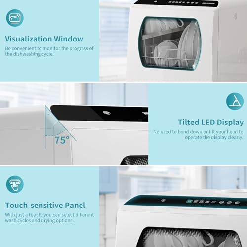 AIRMSEN AE-TDQR03 Portable Countertop Dishwasher, Compact Mini Dish Washer with 5-Liter Built-in Water Tank and Air-Dry Function, 5 Washing Programs