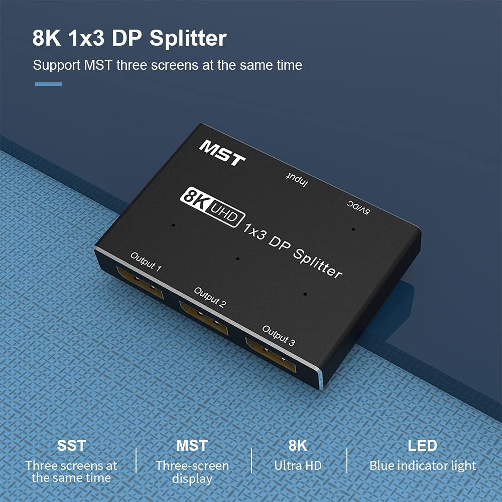 HEZOOMS 8k DisplayPort Splitter 1 in 3 Out 8K@30Hz 4K@144Hz DP 1.4 Splitter Triple MST SST Hub Adapter 1x3 Port for 1 DisplayPort Ultra HD Source to