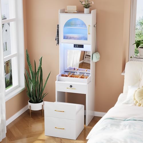 NUNU LAB 42 Inchs Large Vanity Desk with Mirror and Lights with 6 Drawers and 4 Cabinets, Big Women Makeup Table with Power Outlet