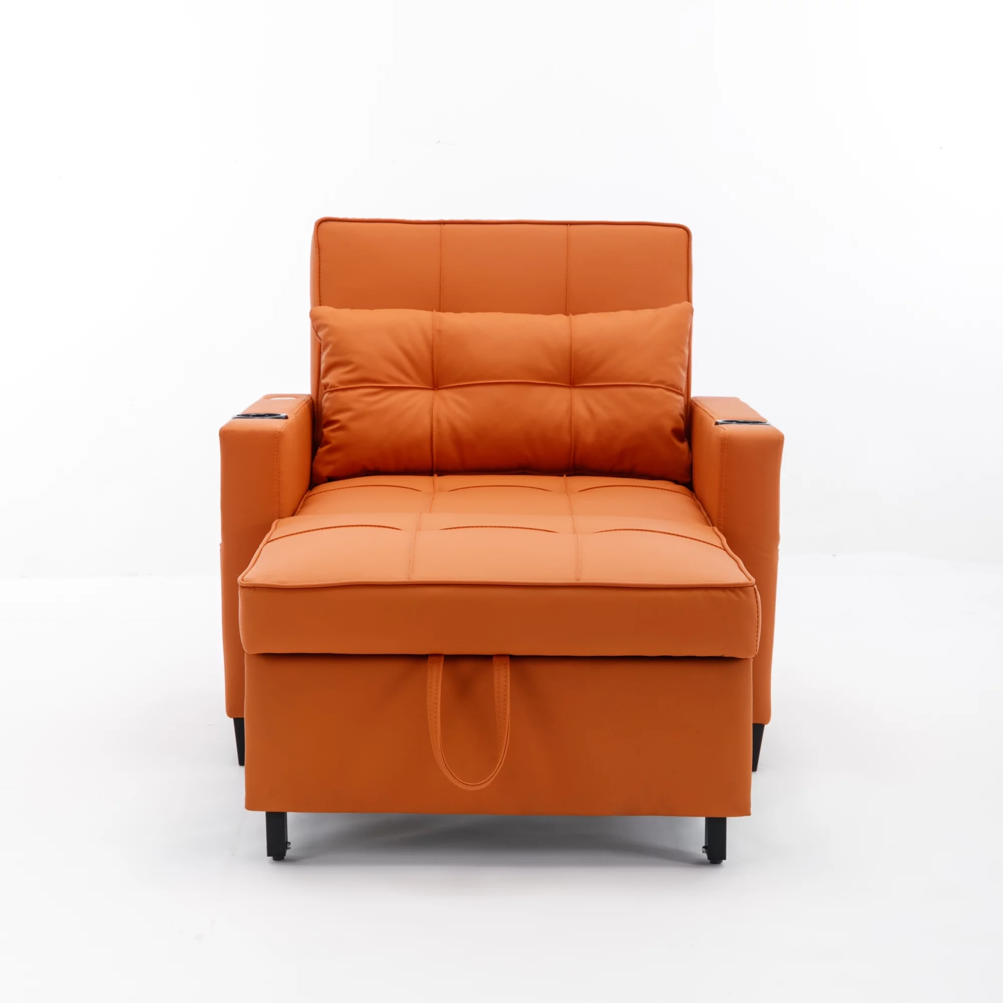 Futon Chair Bed Convertible Chair 3-in-1 Pull Out Sleeper Chair Beds with USB Ports, Armchair Bed Sleeper for Living Room (Orange Leather)