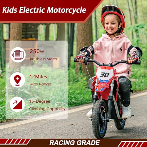 OLALA 36V Electric Dirt Bike for Kids Aged 4-8, Brushless 350W Racing Grade Electric Motorcycle, Up to 18.6MPH & 3 Speed Settings, Dual Disc Brakes
