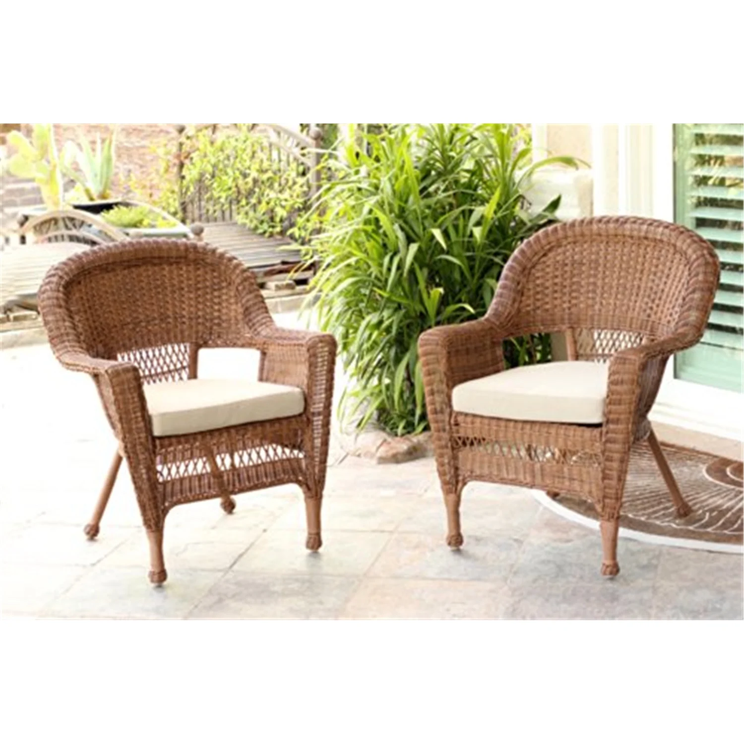 Jeco Wicker Chair in Honey with Tan Cushion - Set of  2