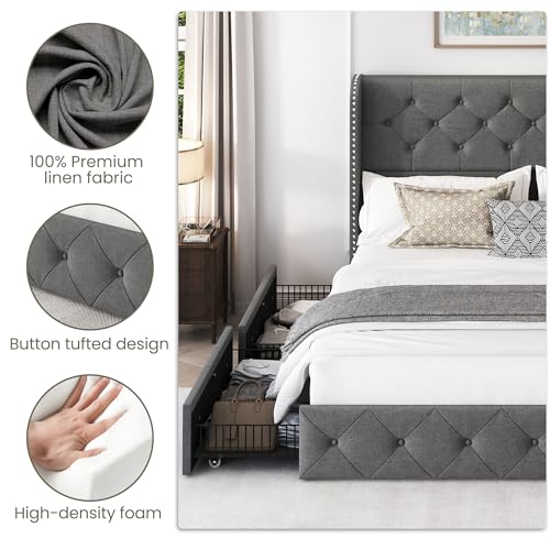 King Size Bed Frame with 4 Storage Drawers and Tufted Headboard Linen Upholstered Platform Bed Frame Wingback Beds with Wooden Slats Support
