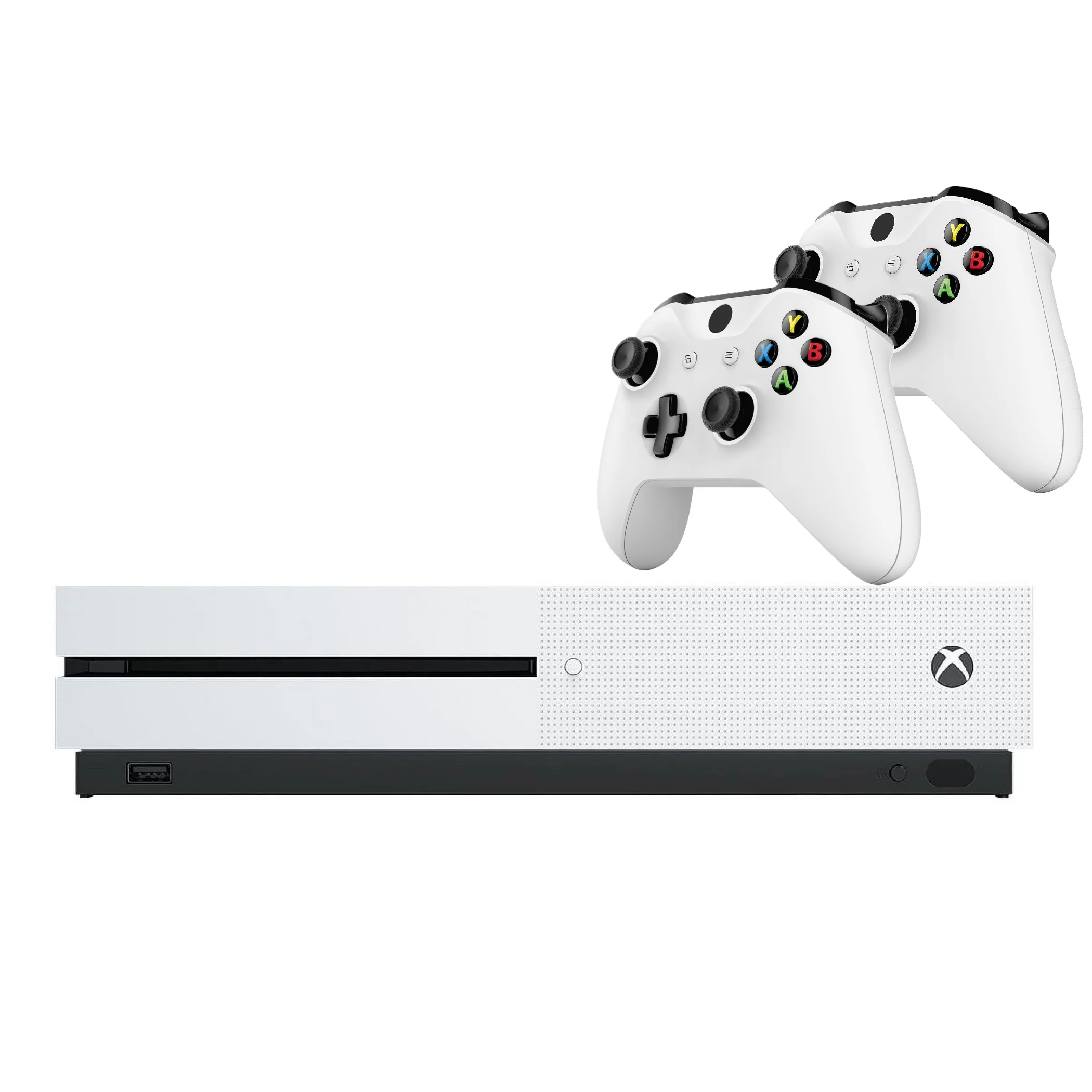 Restored Microsoft Xbox One S Gaming Console 500GB Disc Edition with Two RetroFam Wireless Controllers (Refurbished)