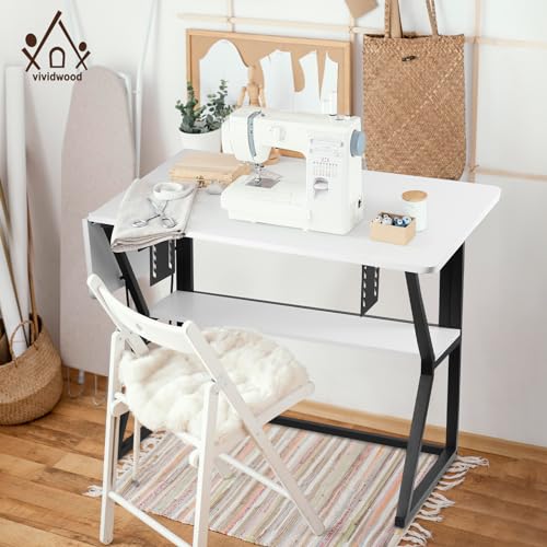 Sewing Table, Large Sewing Machine Table with Adjustable Platform,Sewing Tables for Sewing Machines with Storage Shelf-White